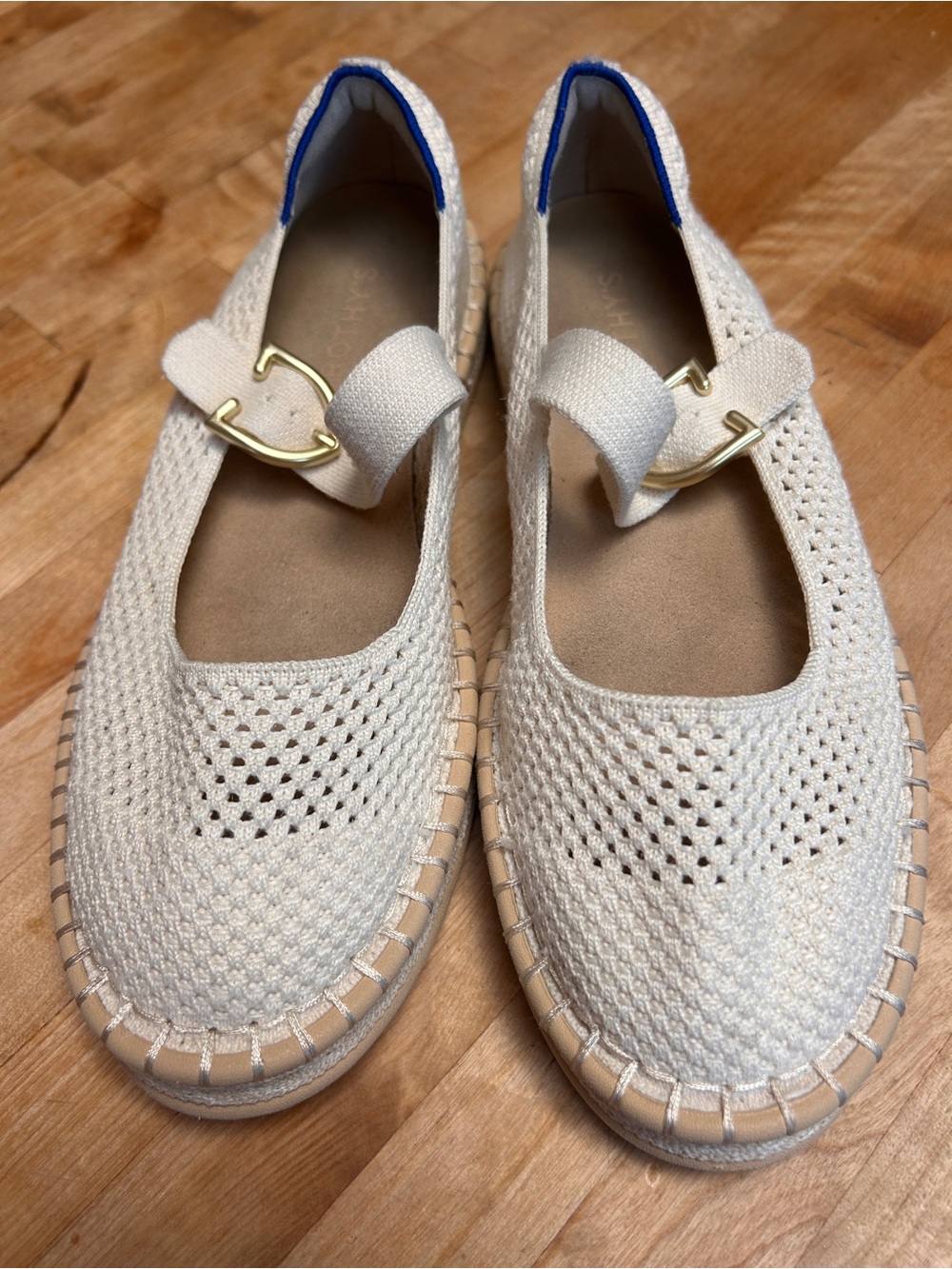 Rothy's Cream Knit Mary Jane Espadrilles with Gold Buckle